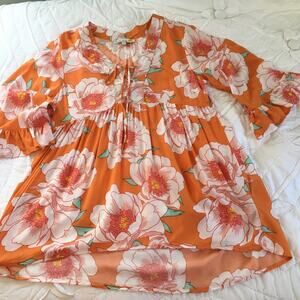 C & C California Small Floral V Neck Blouse Ruffled-3/4 sleeve Baby Doll Fairy